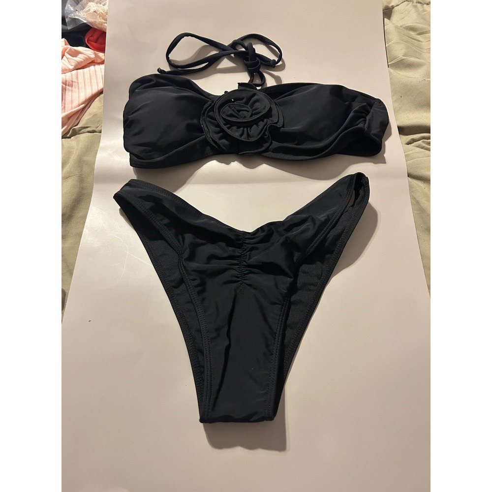 Womens Black 3 Piece Bikini Set w/ 3D Rosette Floral Accents and Skirt Cover Up